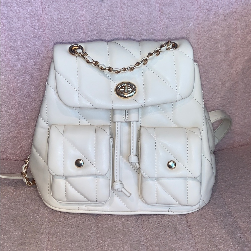 Cluci White Quilted Small Backpack Purse with Gold Chain in Vegan Leather